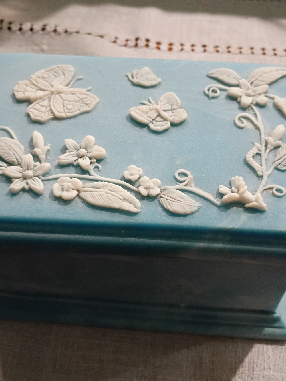 Blue Decorative Jewelry Box with White Floral Relief